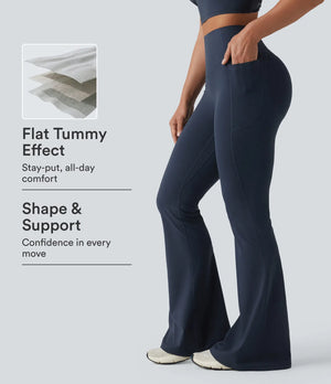 Leggings de yoga évasés à taille haute, effet galbant, rehaussant les fesses et affinant le ventre, avec poches