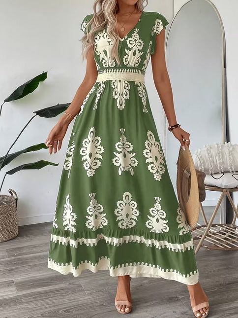 Robe Midi Col V Manches Cap Imprimé Baroque Smockée | Style Bohème Femme | Lumière Bohème