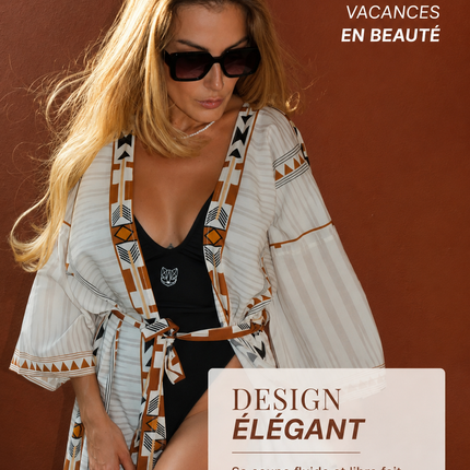 Kimono Long Imprimé Aztèque Géométrique Manches Larges Ceinture | Style Bohème Femme | Lumière Bohème