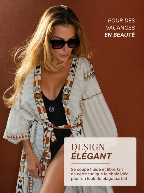 Kimono Long Imprimé Aztèque Géométrique Manches Larges Ceinture | Style Bohème Femme | Lumière Bohème