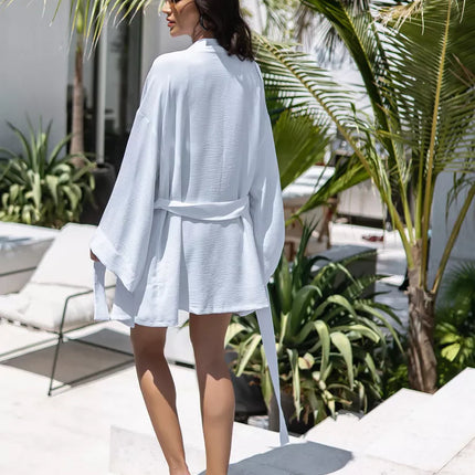 Kimono court blanc texturé gaufré manches larges ceinture bohème chic femme maison plage Lumière Bohème