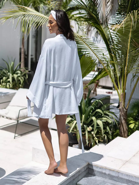 Kimono court blanc texturé gaufré manches larges ceinture bohème chic femme maison plage Lumière Bohème