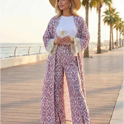 Kimono Long Ikat Oriental Franges Crochet - Rose Poudré bohème femme plage soirée Lumière Bohème