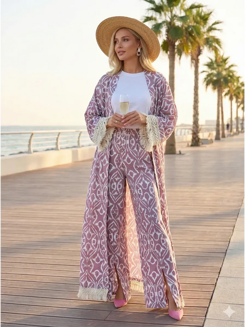 Kimono Long Ikat Oriental Franges Crochet - Rose Poudré bohème femme plage soirée Lumière Bohème
