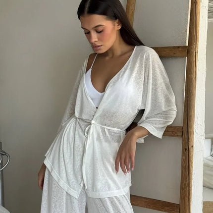 Ensemble 3 en 1 kimono pantalon large texturé brillant ceinture blanc bohème femme maison plage Lumière Bohème