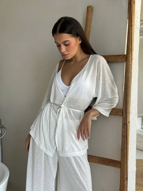 Ensemble 3 en 1 kimono pantalon large texturé brillant ceinture blanc bohème femme maison plage Lumière Bohème