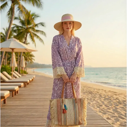 Kimono Long Ikat Oriental Franges Crochet - Rose Poudré bohème femme plage soirée Lumière Bohème