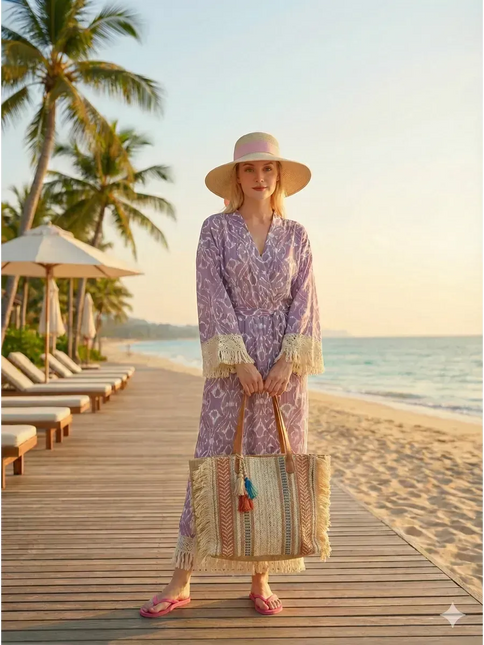 Kimono Long Ikat Oriental Franges Crochet - Rose Poudré bohème femme plage soirée Lumière Bohème
