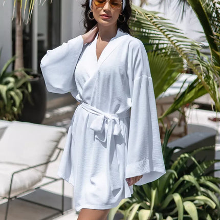 Kimono court blanc texturé gaufré manches larges ceinture bohème chic femme maison plage Lumière Bohème