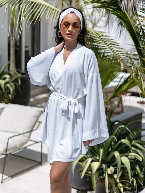 Kimono court blanc texturé gaufré manches larges ceinture bohème chic femme maison plage Lumière Bohème