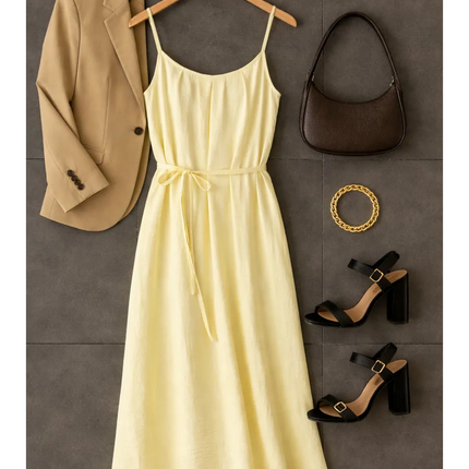 Robe maxi bretelles fines drapée ceinture cordon fluide jaune pâle bohème femme été plage Lumière Bohème