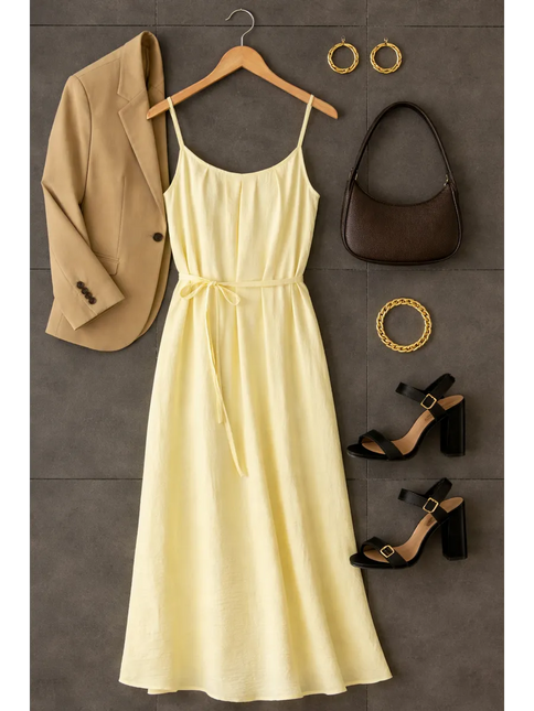Robe maxi bretelles fines drapée ceinture cordon fluide jaune pâle bohème femme été plage Lumière Bohème