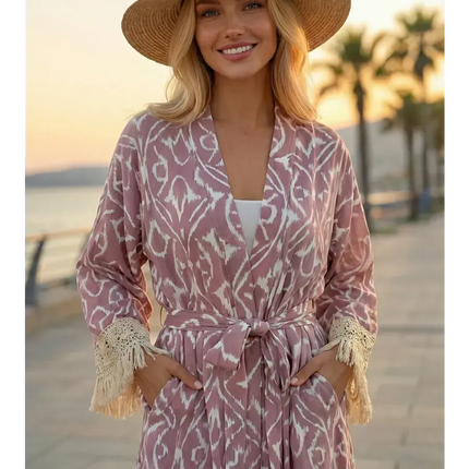 Kimono Long Ikat Oriental Franges Crochet - Rose Poudré bohème femme plage soirée Lumière Bohème