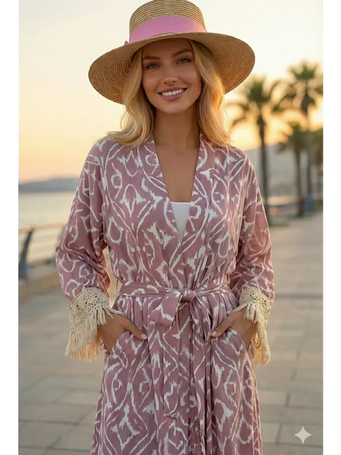 Kimono Long Ikat Oriental Franges Crochet - Rose Poudré bohème femme plage soirée Lumière Bohème