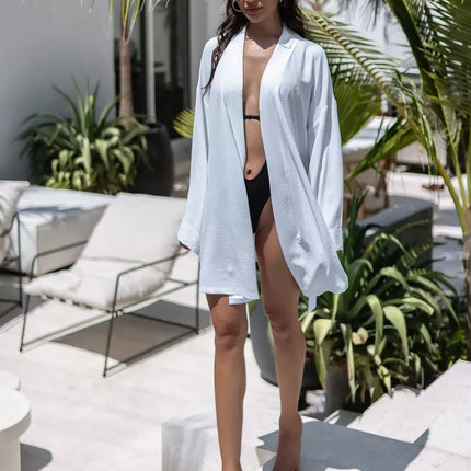 Kimono court blanc texturé gaufré manches larges ceinture bohème chic femme maison plage Lumière Bohème