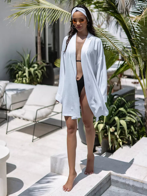 Kimono court blanc texturé gaufré manches larges ceinture bohème chic femme maison plage Lumière Bohème