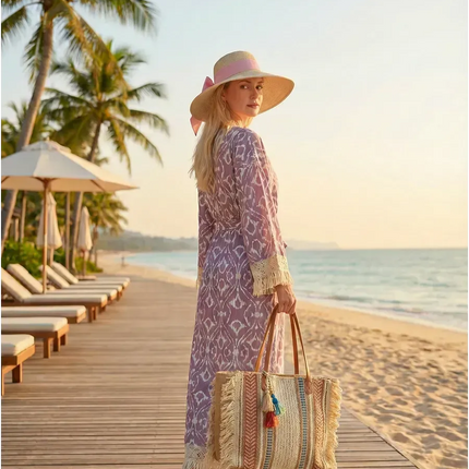 Kimono Long Ikat Oriental Franges Crochet - Rose Poudré bohème femme plage soirée Lumière Bohème