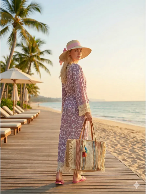Kimono Long Ikat Oriental Franges Crochet - Rose Poudré bohème femme plage soirée Lumière Bohème