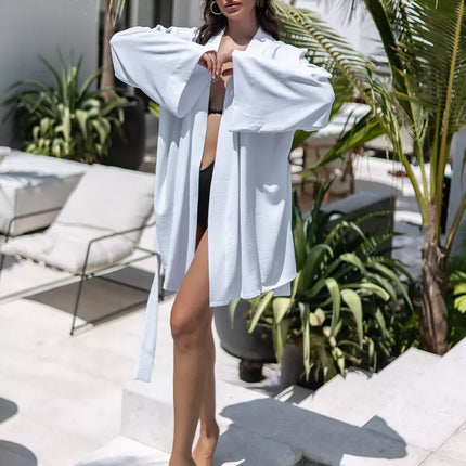 Kimono court blanc texturé gaufré manches larges ceinture bohème chic femme maison plage Lumière Bohème