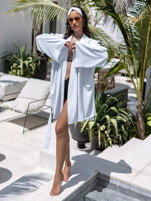 Kimono court blanc texturé gaufré manches larges ceinture bohème chic femme maison plage Lumière Bohème