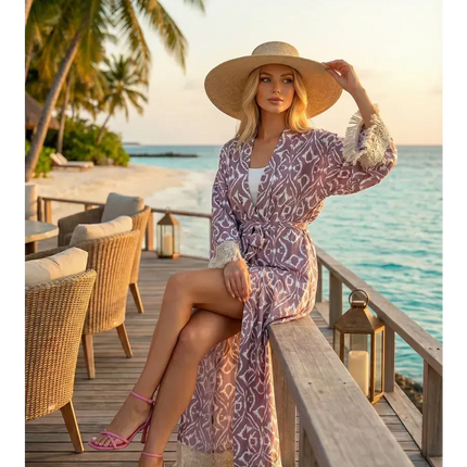 Kimono Long Ikat Oriental Franges Crochet - Rose Poudré bohème femme plage soirée Lumière Bohème