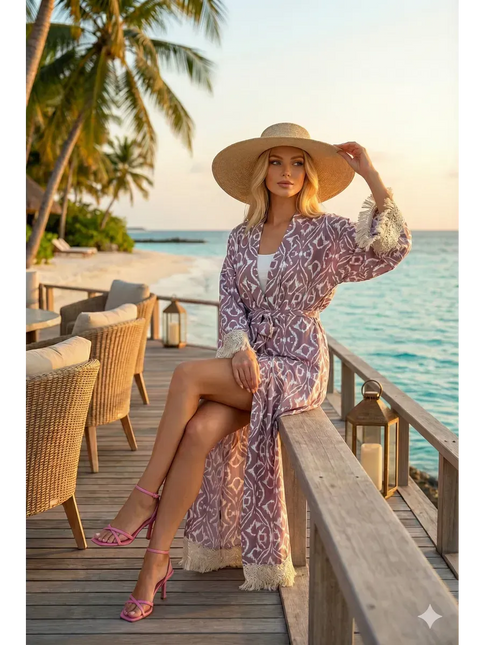 Kimono Long Ikat Oriental Franges Crochet - Rose Poudré bohème femme plage soirée Lumière Bohème