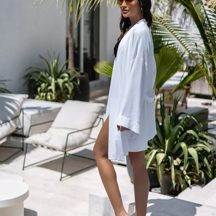 Kimono court blanc texturé gaufré manches larges ceinture bohème chic femme maison plage Lumière Bohème