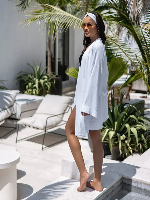 Kimono court blanc texturé gaufré manches larges ceinture bohème chic femme maison plage Lumière Bohème