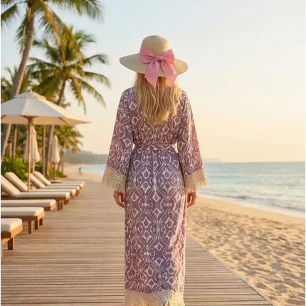 Kimono Long Ikat Oriental Franges Crochet - Rose Poudré bohème femme plage soirée Lumière Bohème