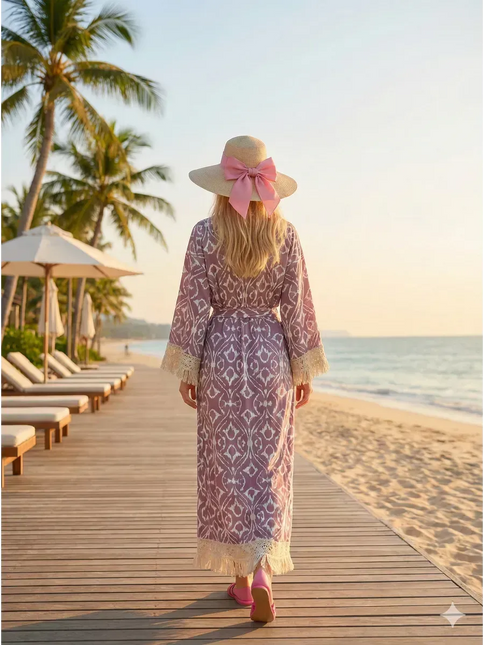 Kimono Long Ikat Oriental Franges Crochet - Rose Poudré bohème femme plage soirée Lumière Bohème