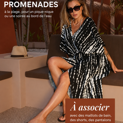 Kimono long tunika oversize tie-dye viscose ceinture noir blanc bohème femme plage Lumière Bohème