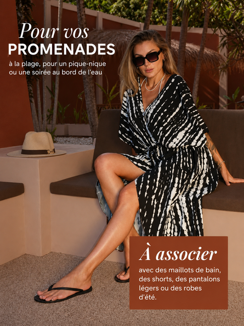 Kimono long tunika oversize tie-dye viscose ceinture noir blanc bohème femme plage Lumière Bohème