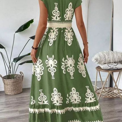 Robe Midi Col V Manches Cap Imprimé Baroque Smockée | Style Bohème Femme | Lumière Bohème