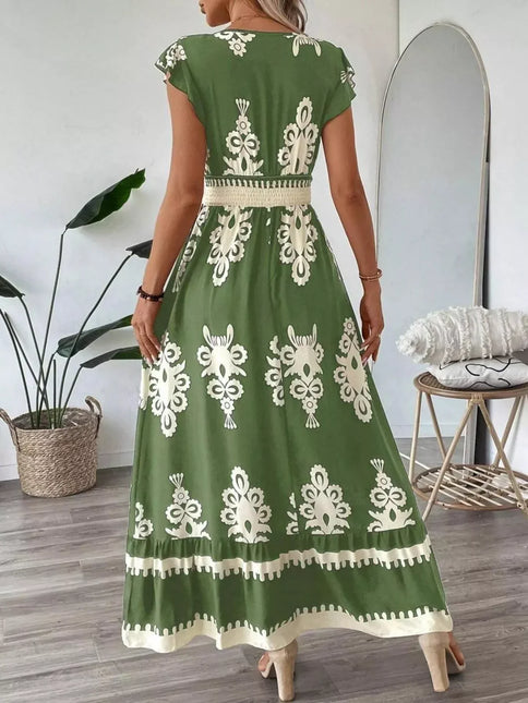 Robe Midi Col V Manches Cap Imprimé Baroque Smockée | Style Bohème Femme | Lumière Bohème