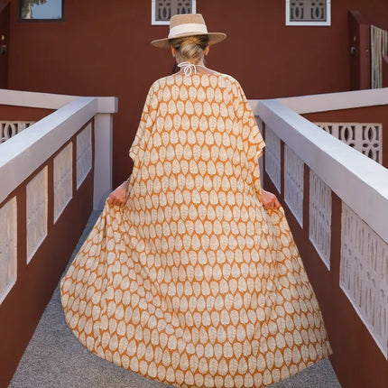 Kimono long imprimé feuilles caramel crème manches larges fente bohème femme plage Lumière Bohème