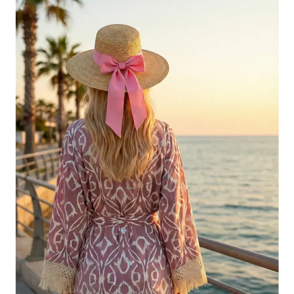 Kimono Long Ikat Oriental Franges Crochet - Rose Poudré bohème femme plage soirée Lumière Bohème