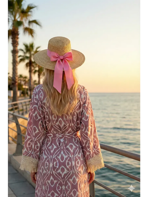 Kimono Long Ikat Oriental Franges Crochet - Rose Poudré bohème femme plage soirée Lumière Bohème