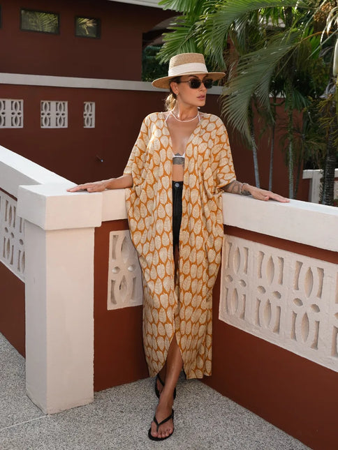 Kimono long imprimé feuilles caramel crème manches larges fente bohème femme plage Lumière Bohème
