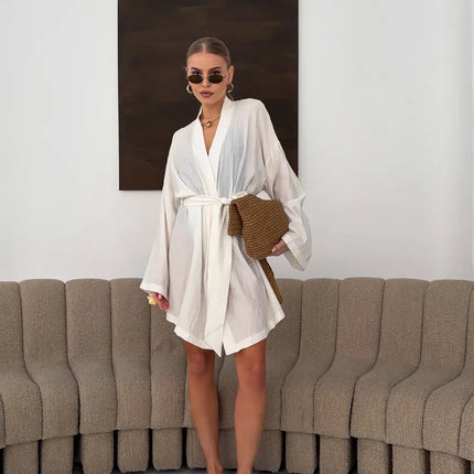 Kimono court lin froissé manches larges ceinture nouée écru bohème naturel femme maison plage Lumière Bohème