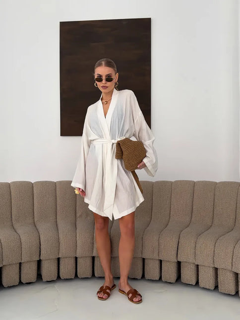 Kimono court lin froissé manches larges ceinture nouée écru bohème naturel femme maison plage Lumière Bohème