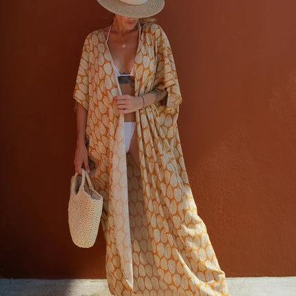 Kimono long imprimé feuilles caramel crème manches larges fente bohème femme plage Lumière Bohème
