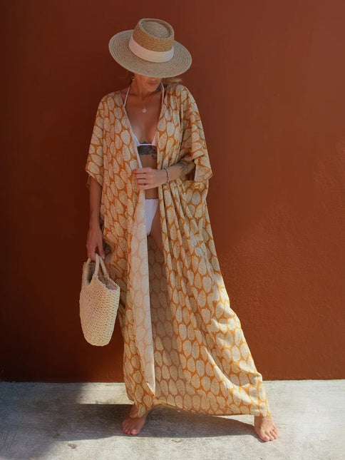 Kimono long imprimé feuilles caramel crème manches larges fente bohème femme plage Lumière Bohème
