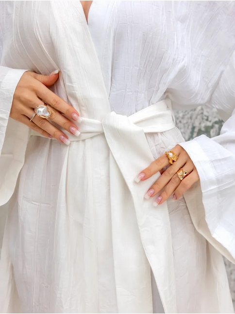 Kimono court lin froissé manches larges ceinture nouée écru bohème naturel femme maison plage Lumière Bohème