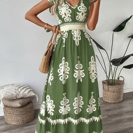 Robe Midi Col V Manches Cap Imprimé Baroque Smockée | Style Bohème Femme | Lumière Bohème
