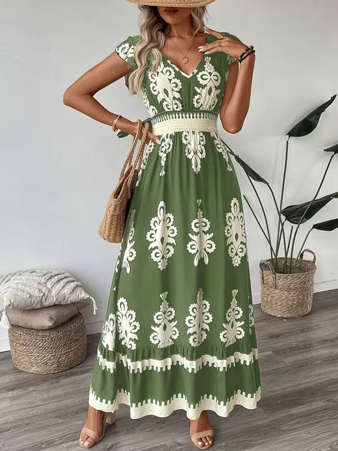 Robe Midi Col V Manches Cap Imprimé Baroque Smockée | Style Bohème Femme | Lumière Bohème