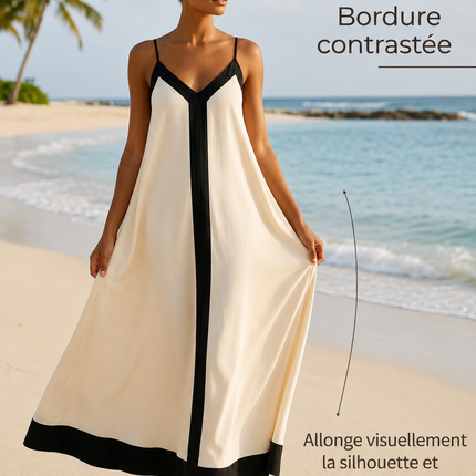 Robe maxi bretelles fines col V fluide bordures contrastées crème noir bohème femme plage Lumière Bohème