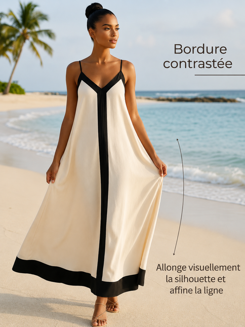 Robe maxi bretelles fines col V fluide bordures contrastées crème noir bohème femme plage Lumière Bohème