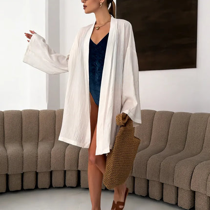 Kimono court lin froissé manches larges ceinture nouée écru bohème naturel femme maison plage Lumière Bohème