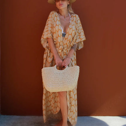 Kimono long imprimé feuilles caramel crème manches larges fente bohème femme plage Lumière Bohème