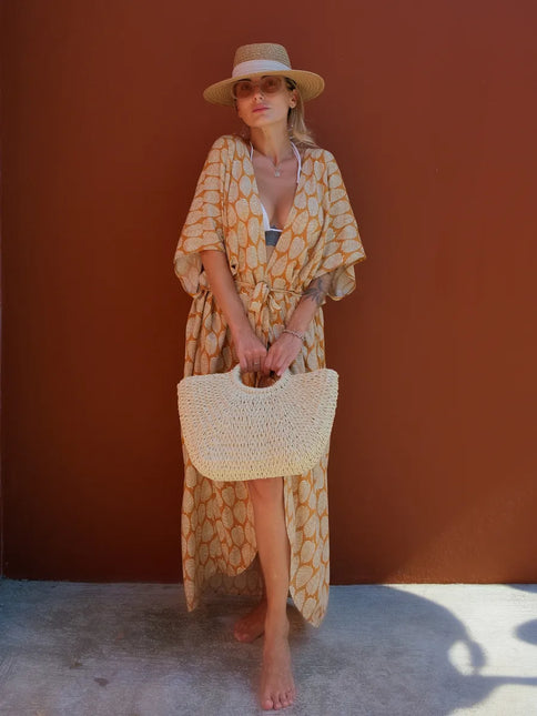 Kimono long imprimé feuilles caramel crème manches larges fente bohème femme plage Lumière Bohème
